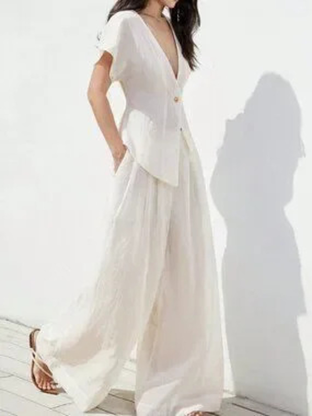 White Casual Women's Wide Leg Pants And Top Two Pieces